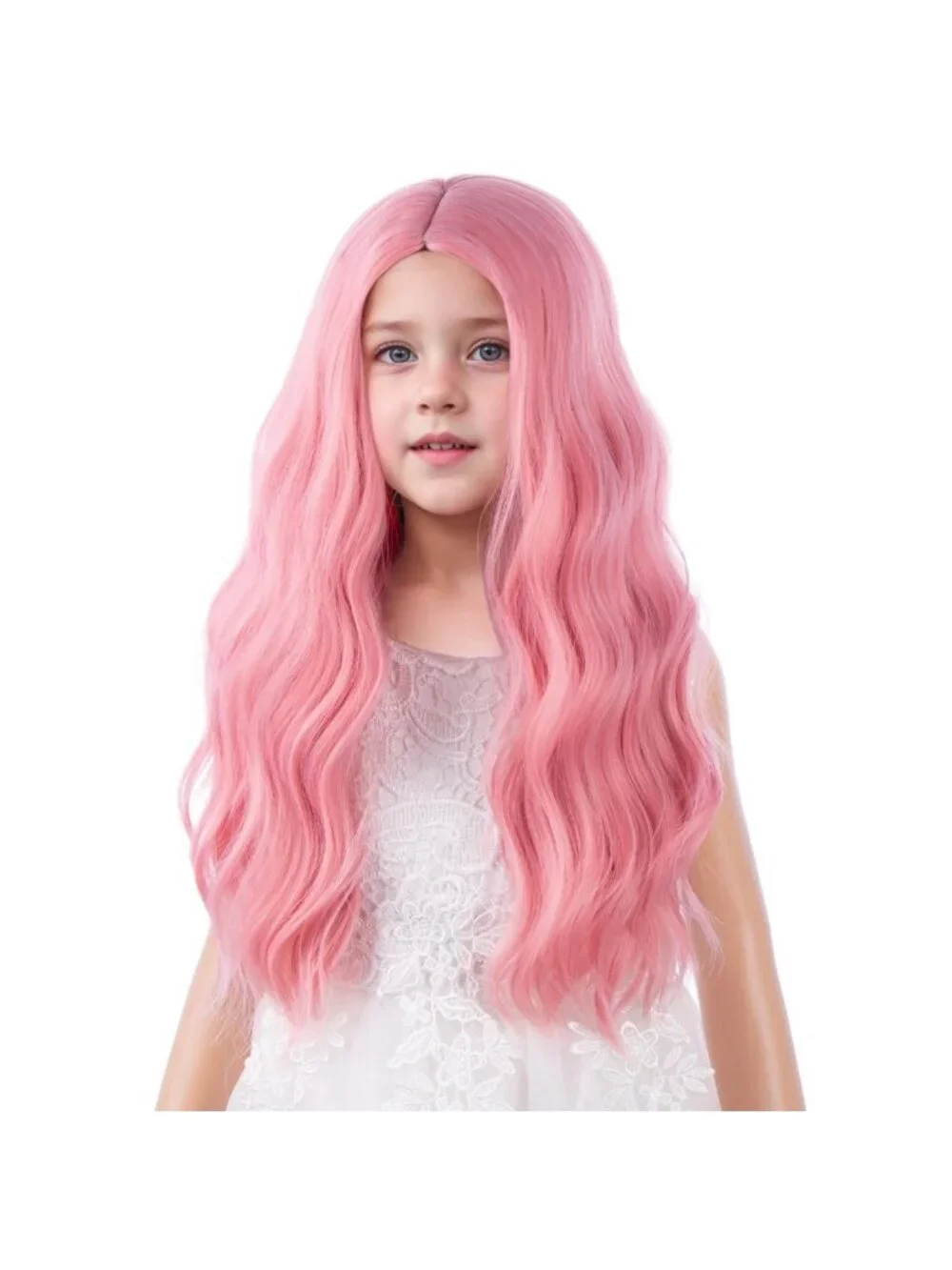 Women's Pastel Pink Long Wavy Wig For Girls Wavy Curly Synthetic Halloween Hair